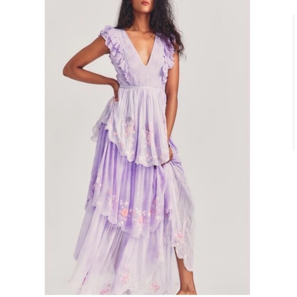 LoveShackFancy Chantelle Purple Maxi Dress with Tiered Ruffles and V-Neck